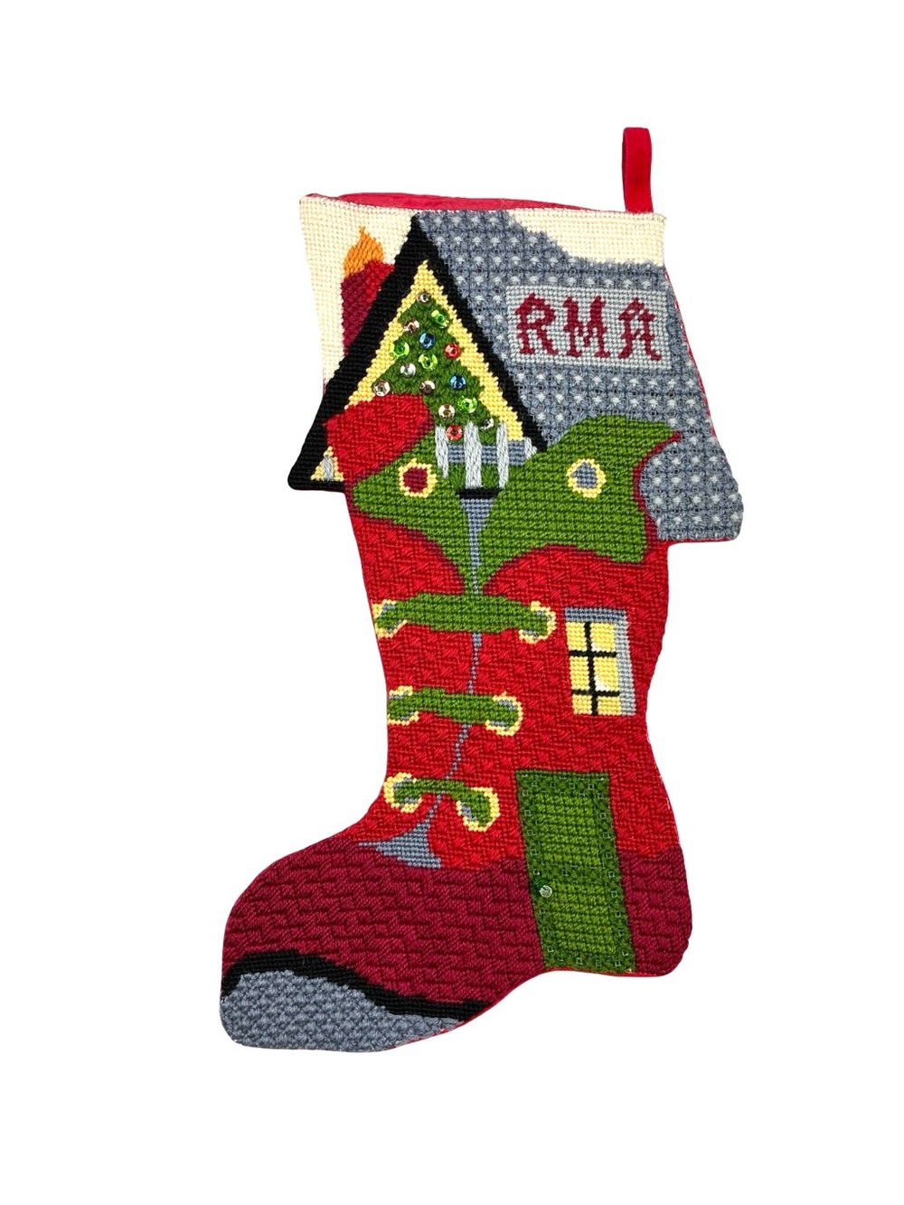 Vintage Needlepoint Monogrammed Christmas Stocking